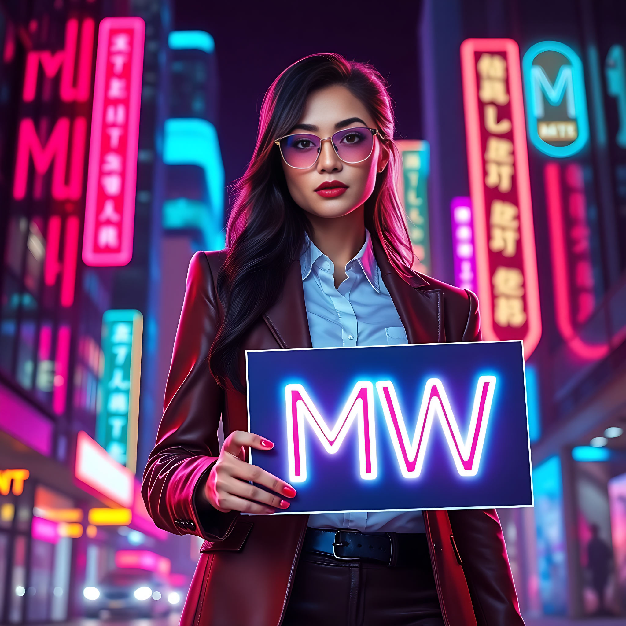 Woman In Cyber City Wearing Glasses And Holding MW Sign
